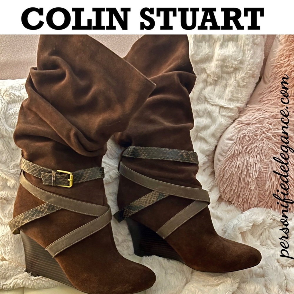 Colin Stuart Brown Suede Strappy Scrunch Knee High Wedge Boots Sz 11B